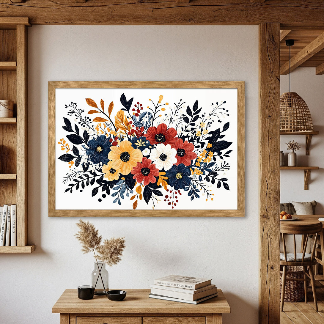 Framed Poster of floral art in a botanical style with a warm color palette of red, blue, and yellow. Perfect wall decor!