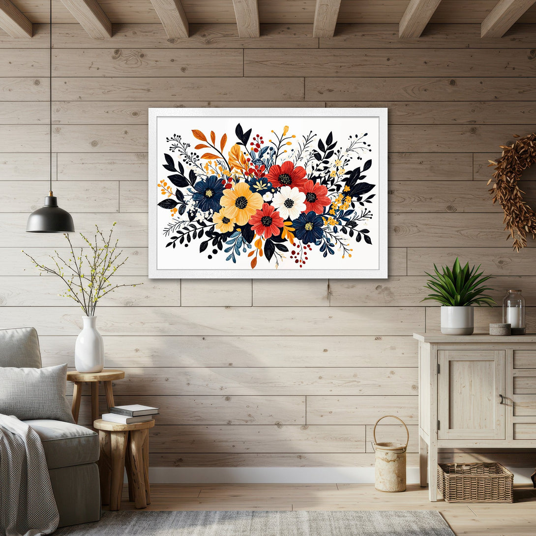 Framed Poster featuring a vibrant floral bouquet in a modern style with a warm, colorful palette. Perfect wall art for any room!