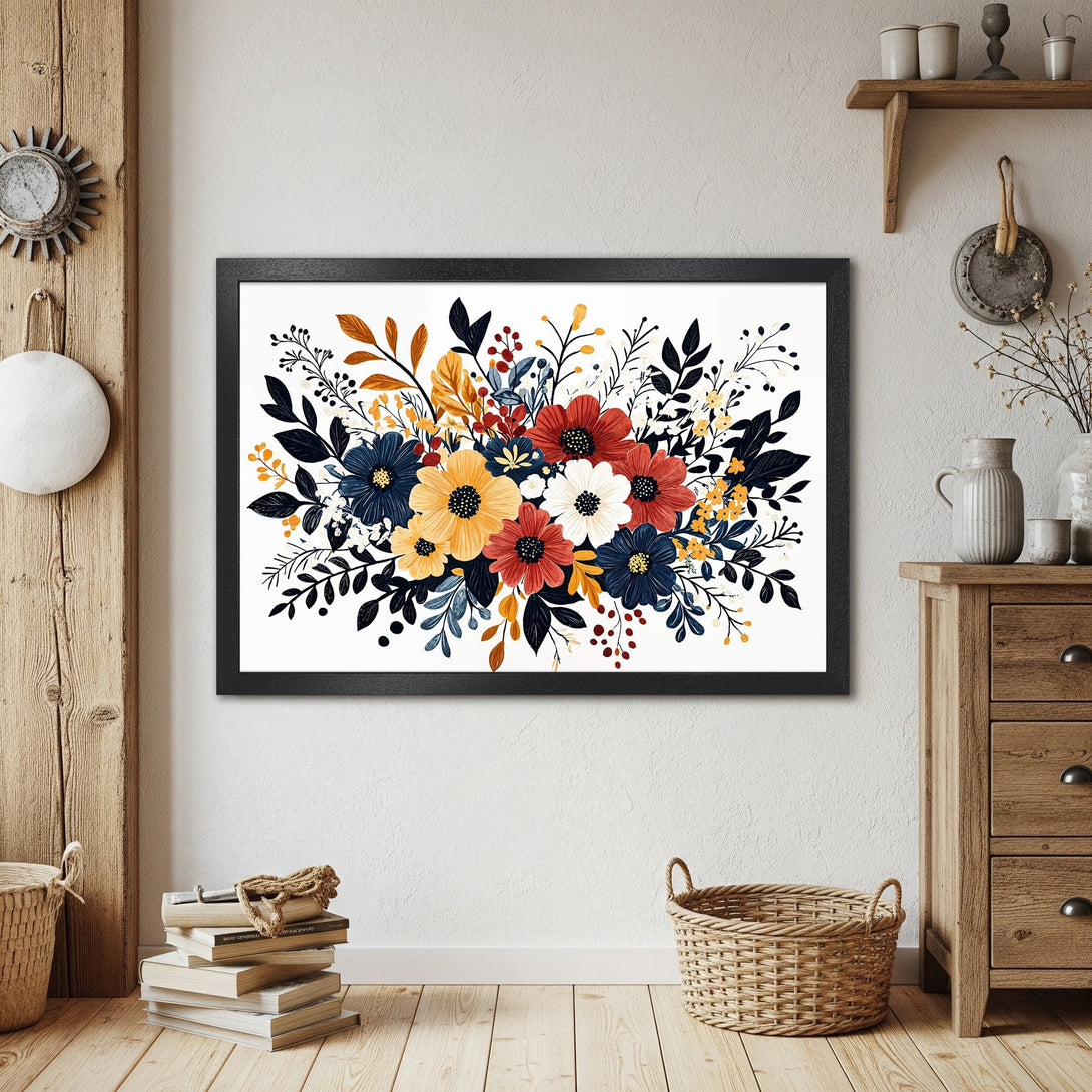 Framed Poster of floral art in a rustic style, featuring a warm color palette of blues, reds, and yellows. Perfect wall decor.