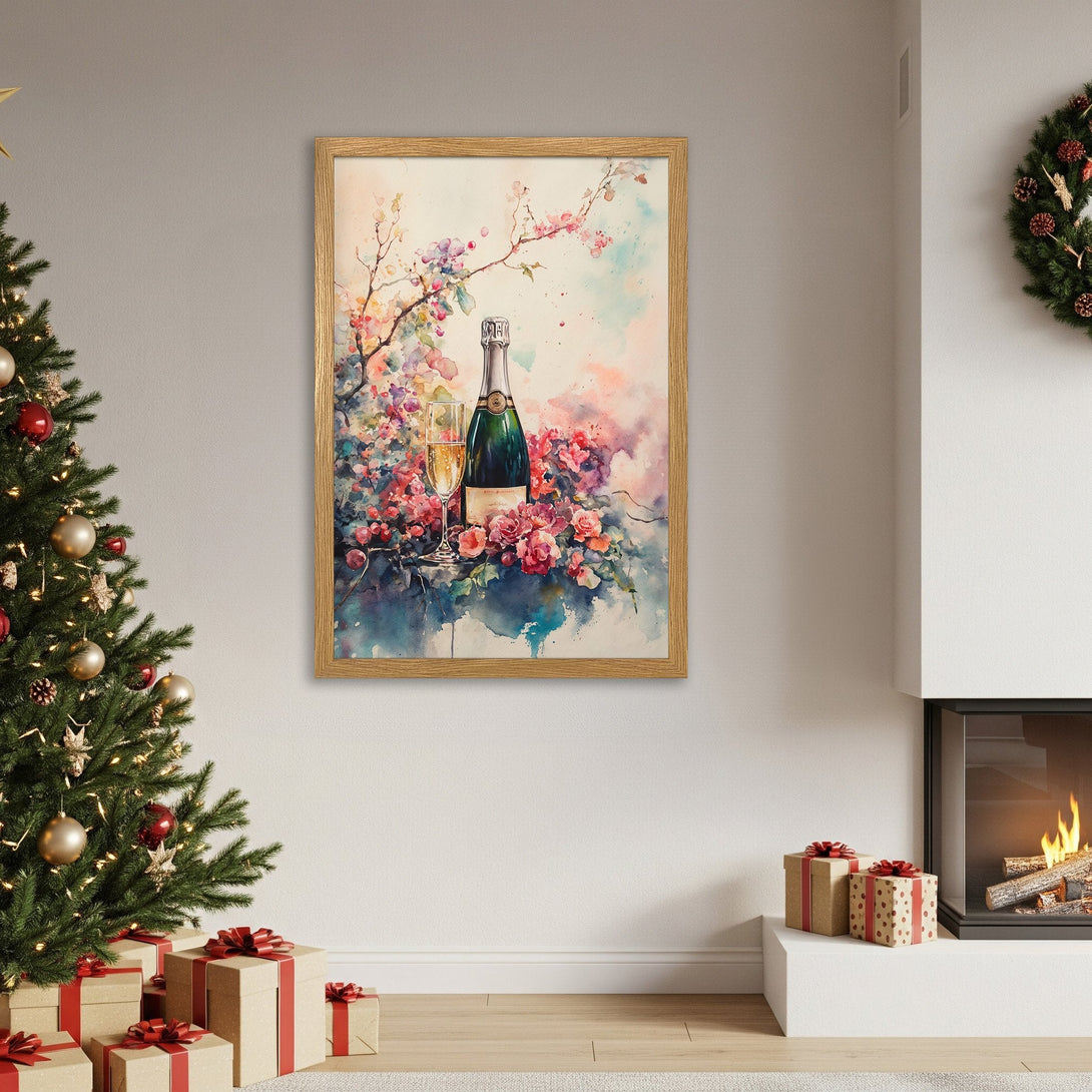 Framed Poster featuring watercolor champagne bottle & flowers. Soft pink & blue palette, perfect for holiday decor. Shop now!