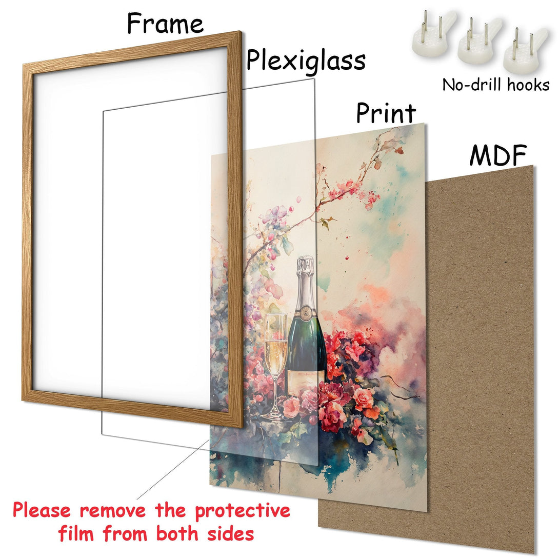 Framed Poster featuring a watercolor floral and champagne design in a soft, pastel color palette. Perfect wall art for any room!