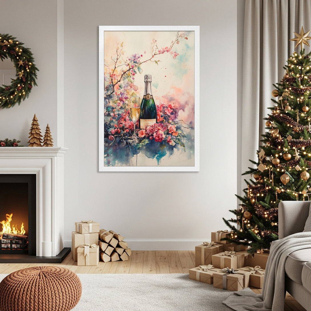 Framed Poster featuring watercolor champagne & flowers. Soft pastel colors, perfect for holiday decor. Add a touch of elegance to your home!