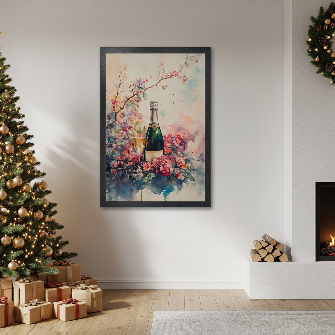 Framed Poster featuring a watercolor champagne bottle and flowers, in a soft, pastel color palette. Perfect wall art!
