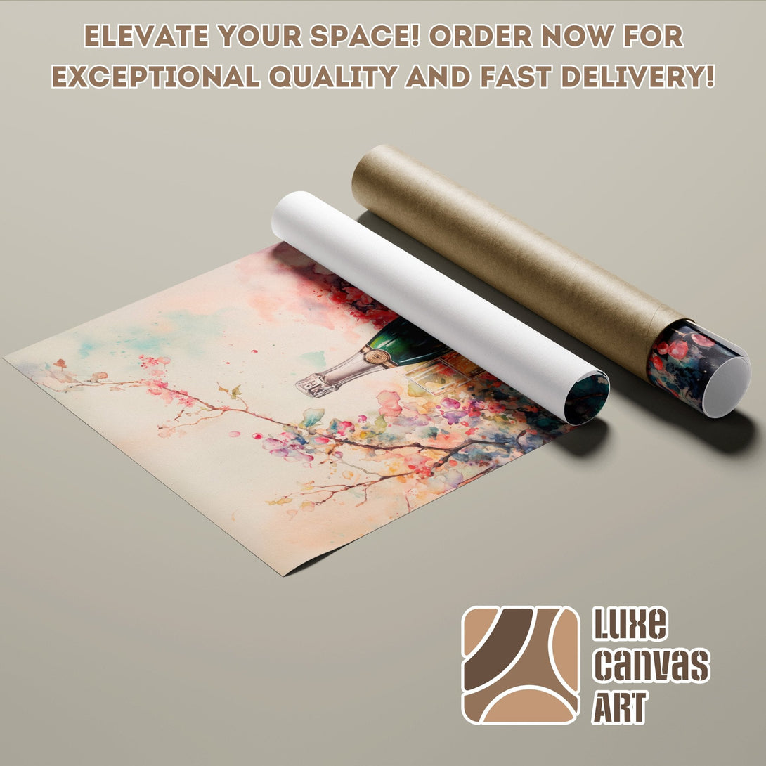 Watercolor Poster Roll with floral and champagne bottle art, soft pastel colors.