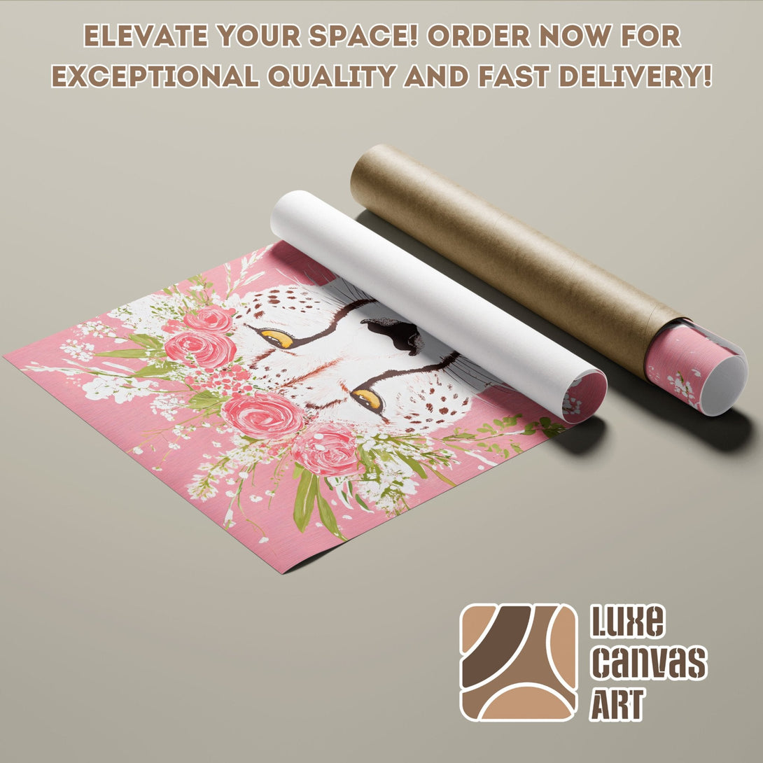 Poster Roll featuring a floral cheetah design in pink and green tones. Elevate your space with Luxe Canvas Art!