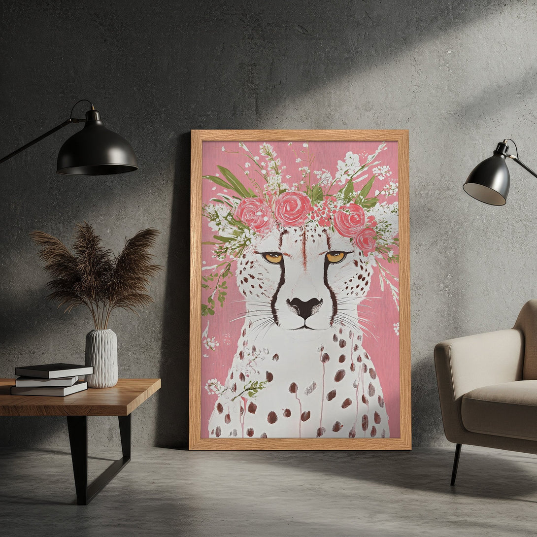 Framed Poster: Cheetah art with floral crown, pink background, modern style. Perfect wall decor for a stylish home.