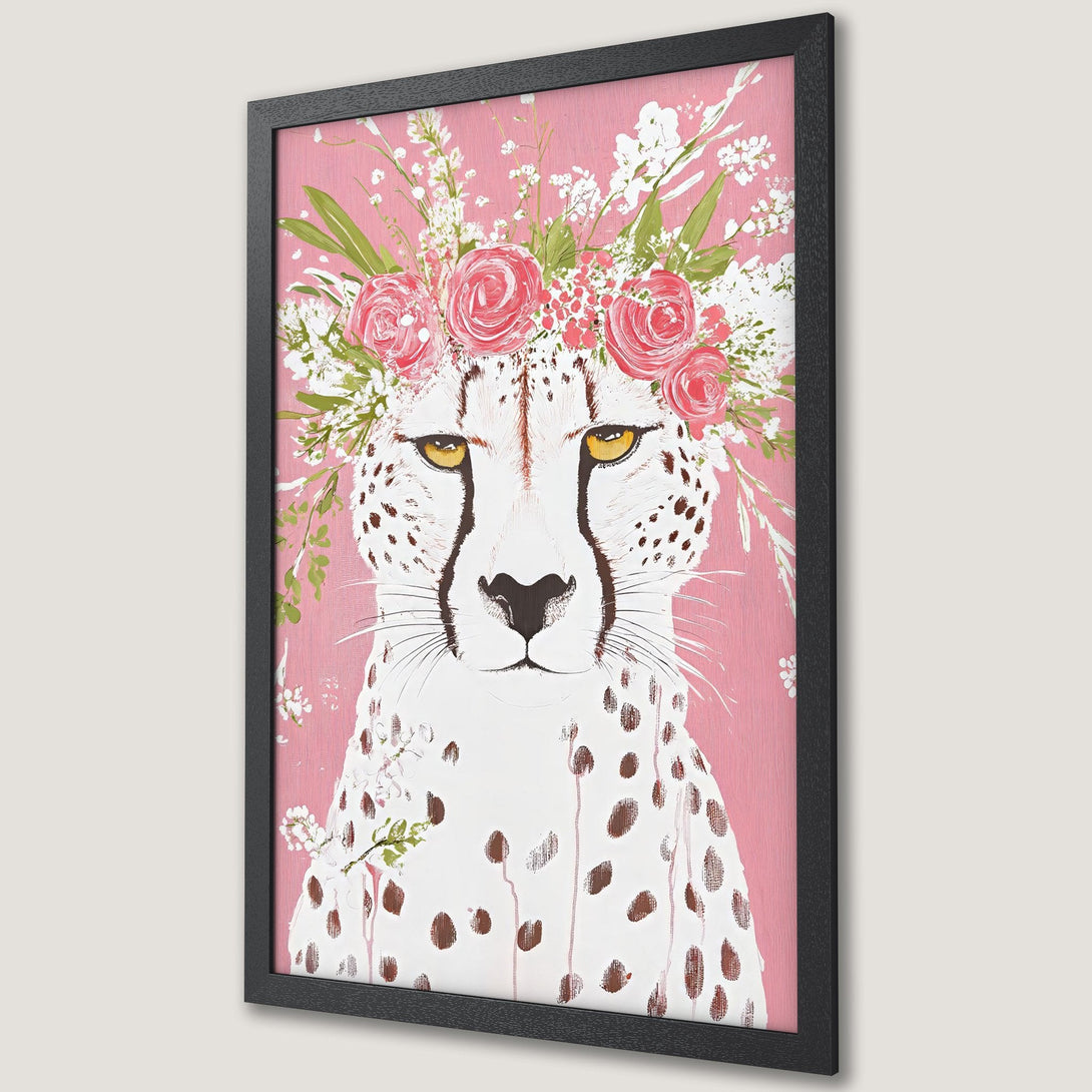 Framed Poster featuring a cheetah with a floral crown, in a whimsical style with pink, white, and green hues. Perfect wall art!