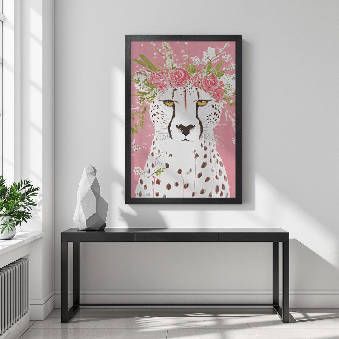 Framed Poster featuring a cheetah with a floral crown, soft pink background. Stylish art print, perfect for home decor.