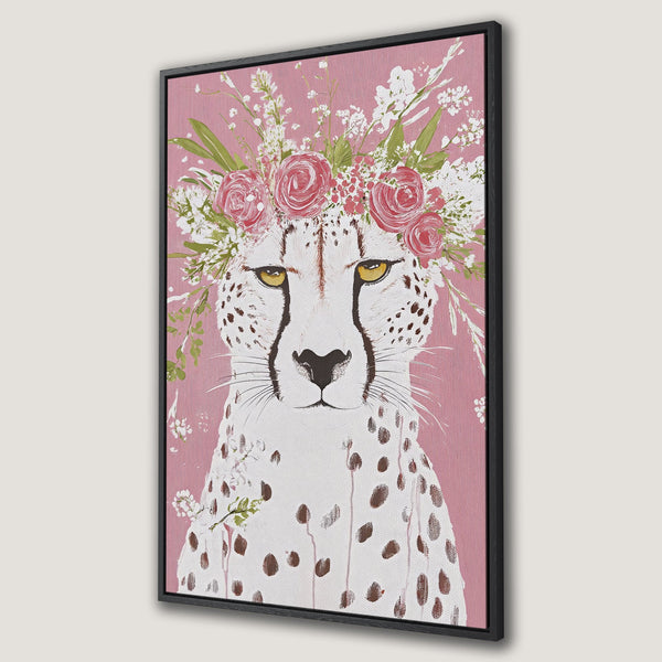 Framed Wall Art featuring a cheetah with a floral crown, painted in a whimsical style. Pink, white, and brown color palette. Perfect for adding a touch of elegance.