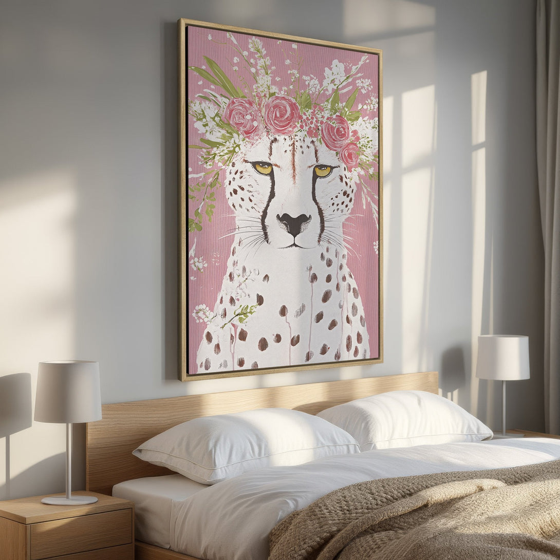 Framed Wall Art featuring a cheetah with a floral crown, painted in a whimsical style with pink, white, and green accents. Perfect for adding a touch of art to your space!