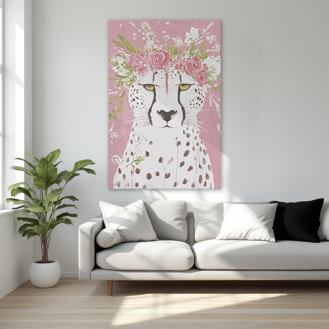 Framed Wall Art: Whimsical cheetah portrait with floral crown, soft pink & green palette. Perfect for adding a touch of elegance to any room.