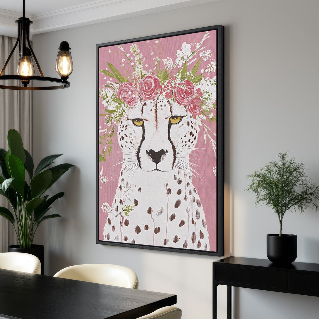 Framed Wall Art: Floral cheetah portrait in pink, white, and green. Modern canvas print for a stylish interior. Shop now!
