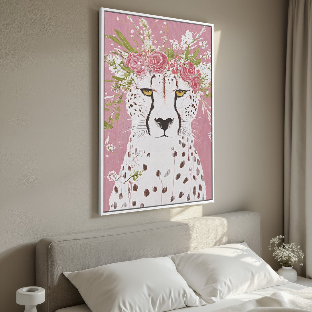 Framed Wall Art: Floral cheetah portrait in pink and white. Modern, stylish decor for bedroom. Add a touch of elegance with this beautiful canvas print.