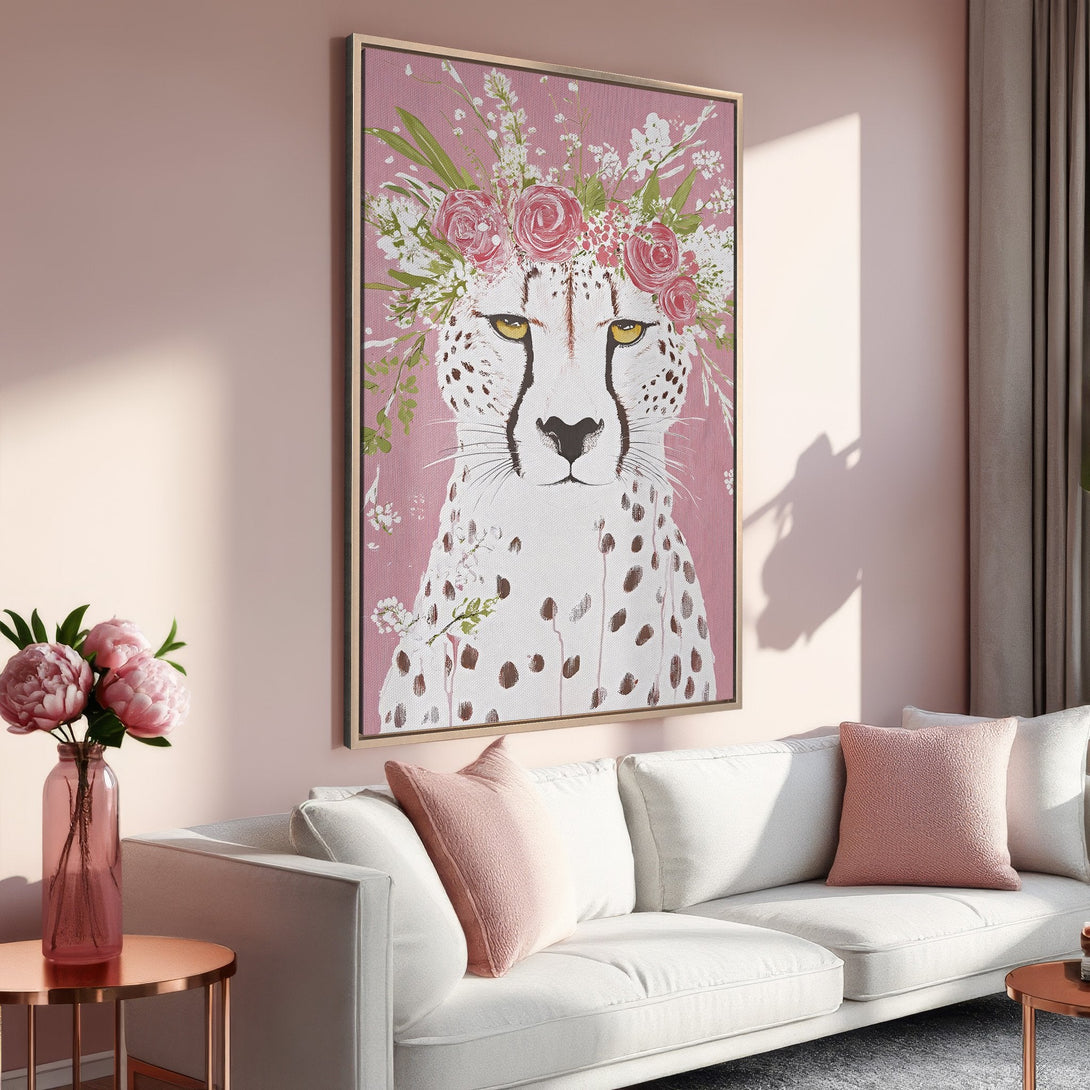 Framed Wall Art: Cheetah portrait with floral crown, in a blush pink and white color palette. Modern, elegant decor for your home.