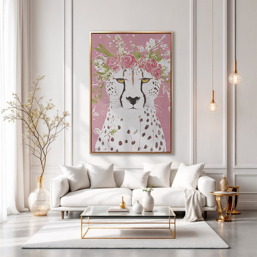 Framed Wall Art: Floral cheetah portrait in blush pink & white. Modern, elegant canvas print for living room decor.