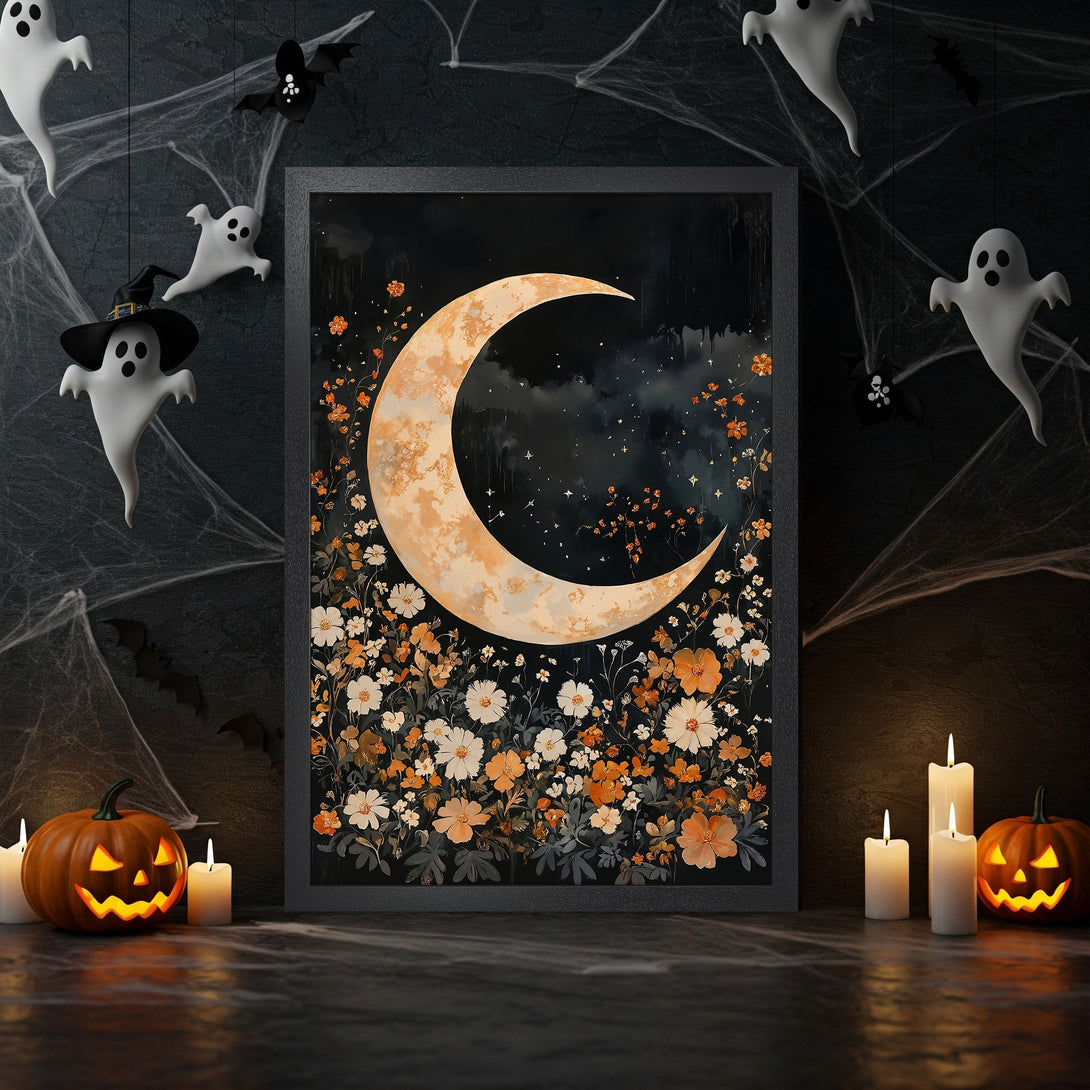 Framed Poster featuring a crescent moon and floral design, dark and moody style, with a grayscale and white palette. Halloween decor.