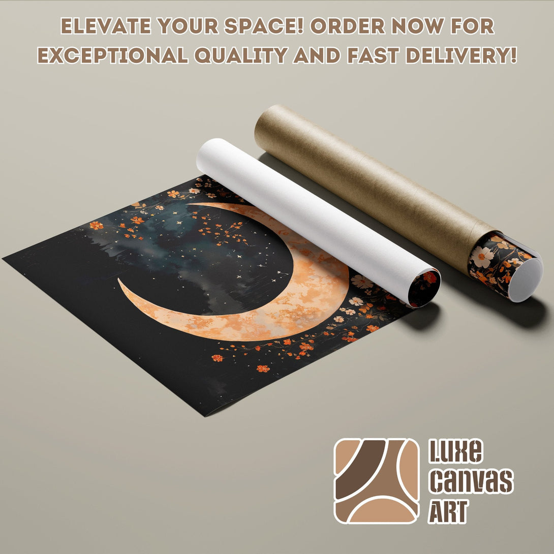 Poster Roll featuring a moon and floral art, dark and neutral color palette. Elevate your space!