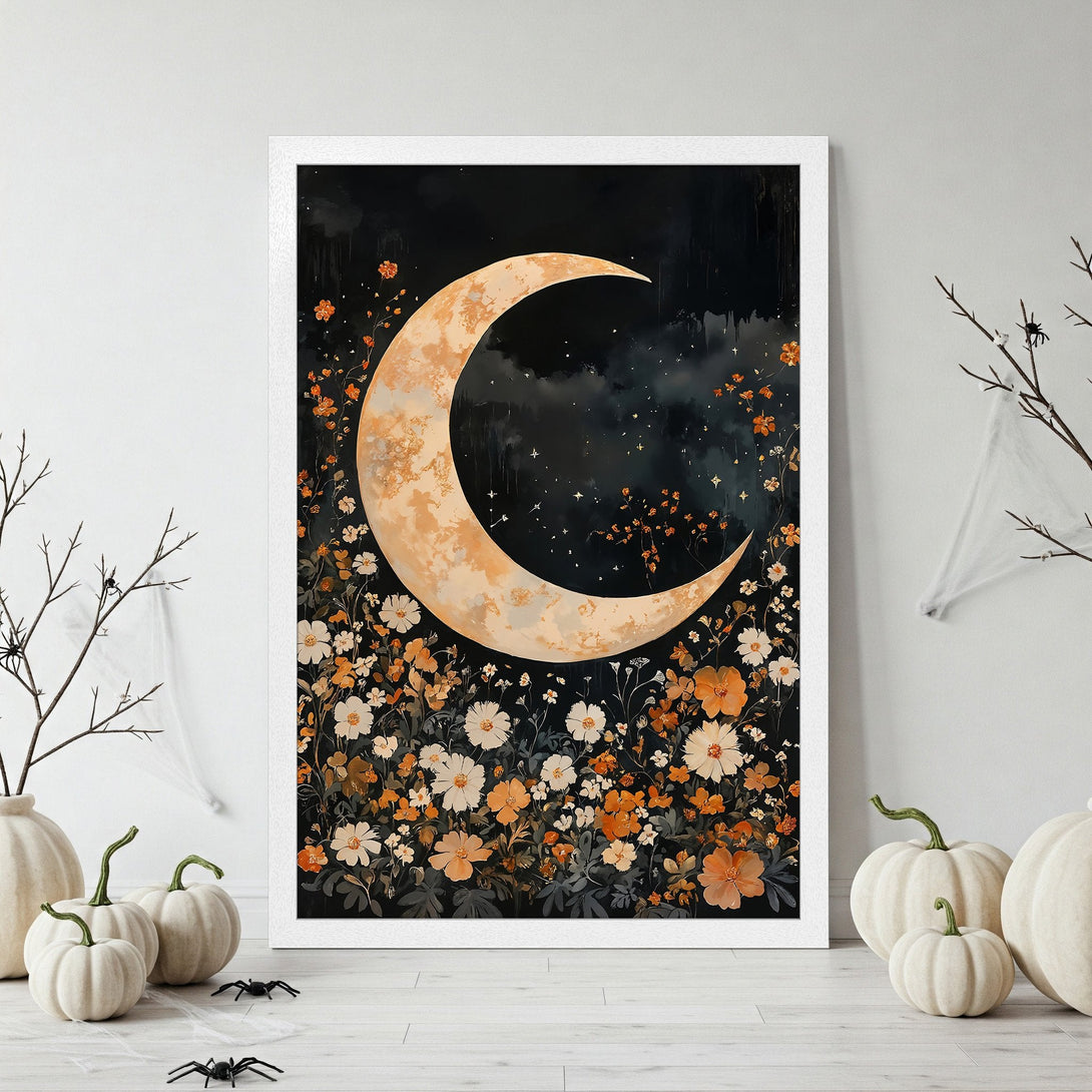 Framed Poster featuring a moon and flowers in a dark, moody style with a grayscale and cream color palette. Perfect for Halloween decor!