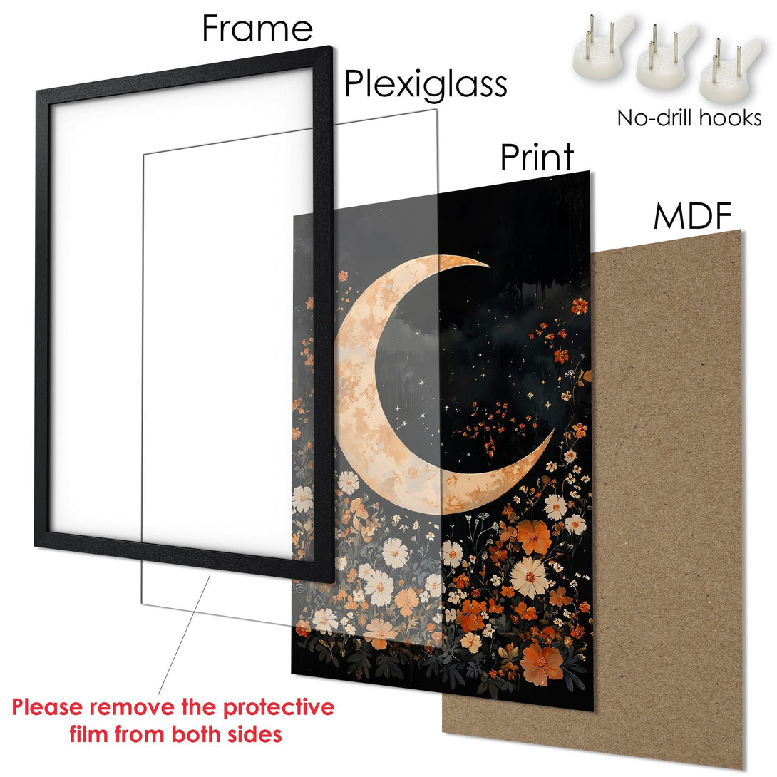 Framed Poster featuring a crescent moon & floral art in a dark, moody color palette. Perfect wall decor!