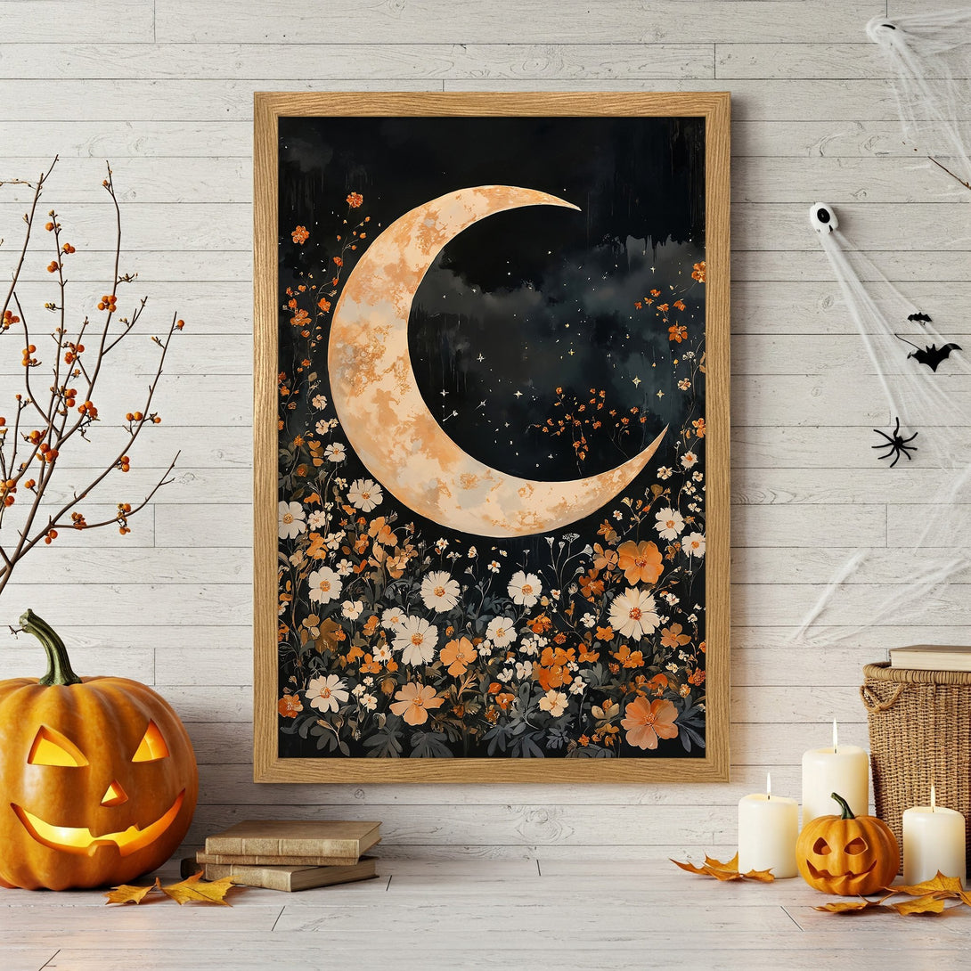 Framed Poster featuring a crescent moon and white flowers, dark and moody style, perfect for Halloween decor.