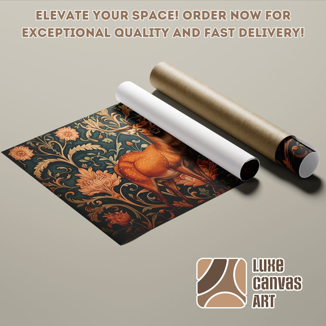 Floral deer poster roll art in warm orange and teal tones. Elevate your space with Luxe Canvas Art!
