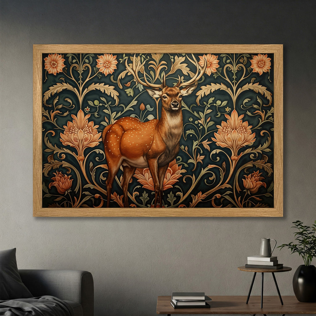 Framed Poster featuring a deer in a floral design, Victorian style, with a dark teal and orange color palette. Perfect wall art!