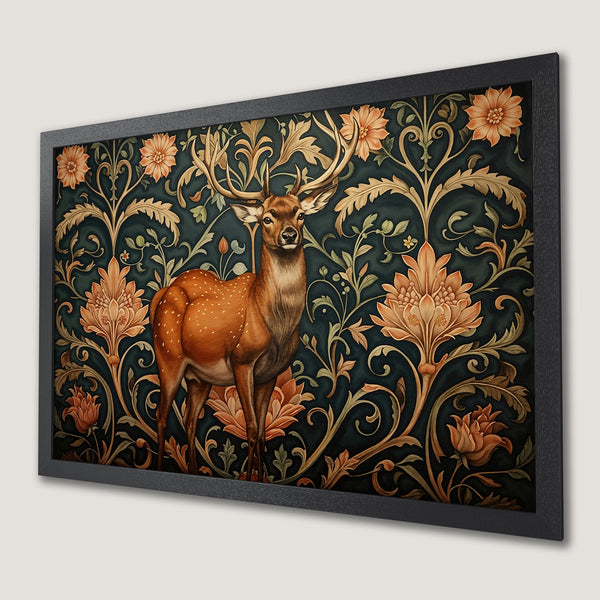 Framed Poster featuring a majestic deer in an Art Nouveau style, with a dark teal and orange floral pattern. Perfect wall art!