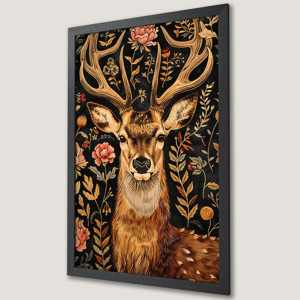 Framed Poster featuring a majestic deer with floral details in a vintage style. Earthy tones and black background. Perfect wall art!