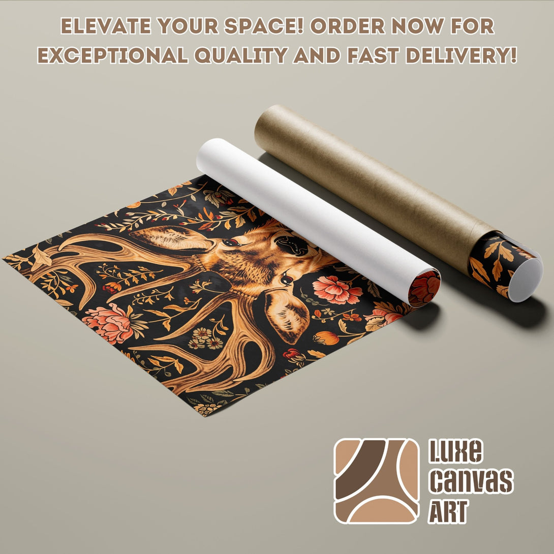 Poster Roll featuring a deer design in a floral, vintage style with a black, gold, and peach color palette. Order now!