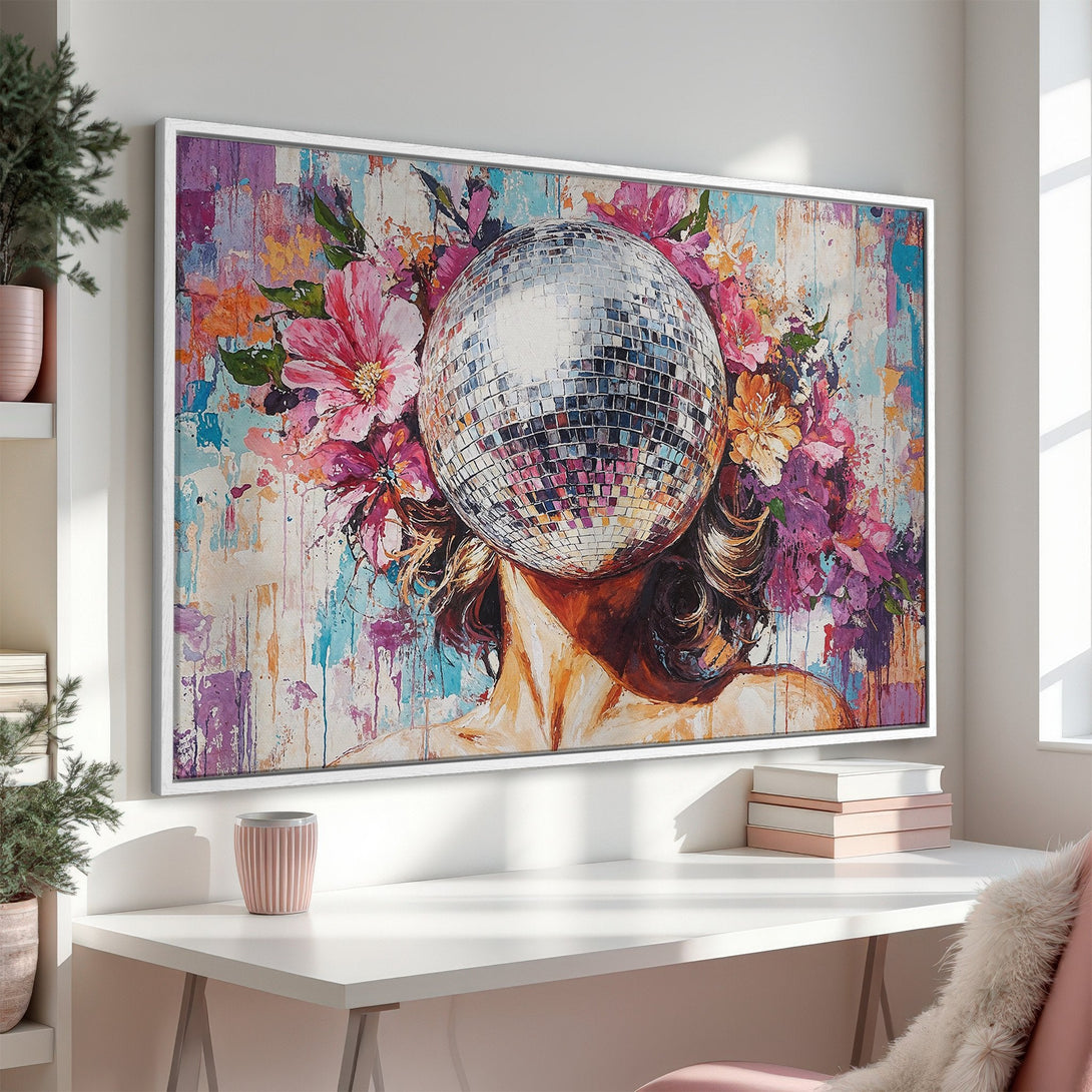 Framed Wall Art: Abstract portrait with disco ball head, floral crown, and colorful, textured brushstrokes. Vibrant pinks, blues, and purples. Modern home decor.