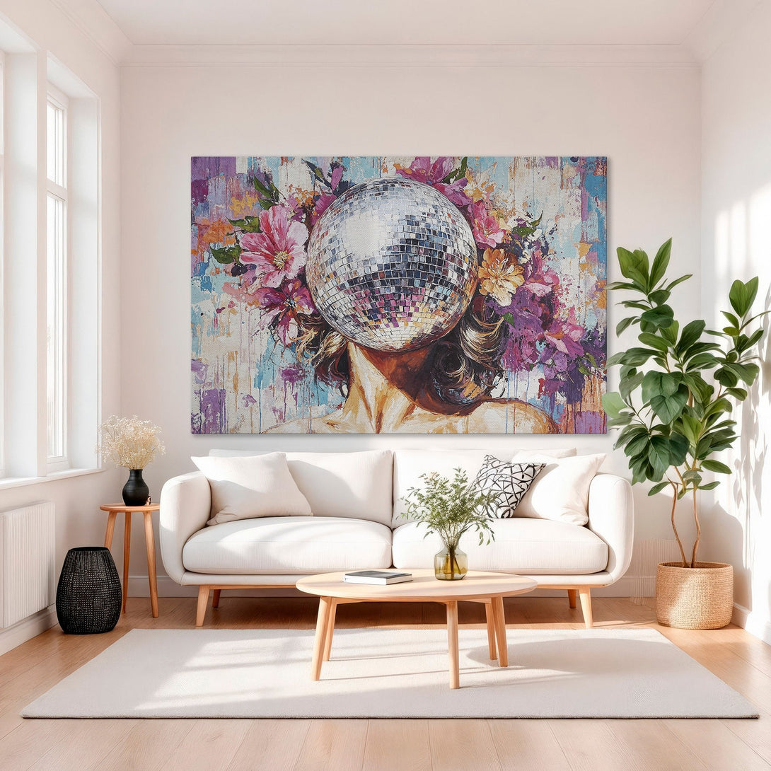 Framed Wall Art: Abstract portrait with disco ball head and floral elements. Colorful palette with pink, purple, and blue hues. Modern art for home decor.