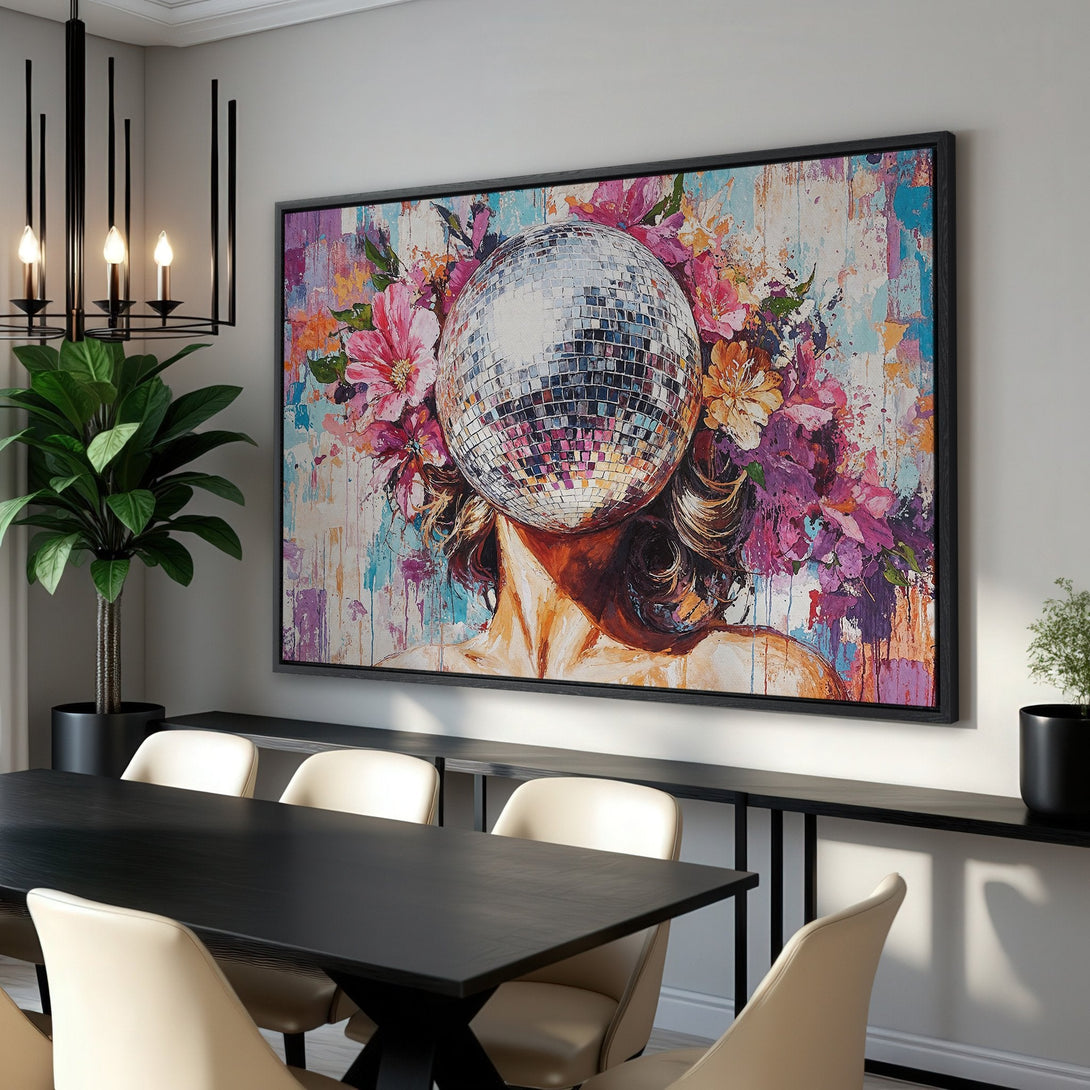 Framed Wall Art: Abstract portrait with disco ball head & floral crown. Vibrant colors of pink, blue, and purple. Modern art for stylish home decor.