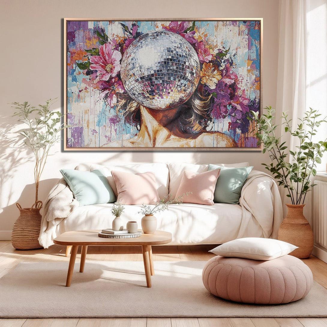 Framed Wall Art: Abstract portrait with disco ball head, floral accents. Modern style, vibrant pink, purple, and blue color palette. Perfect for home decor.
