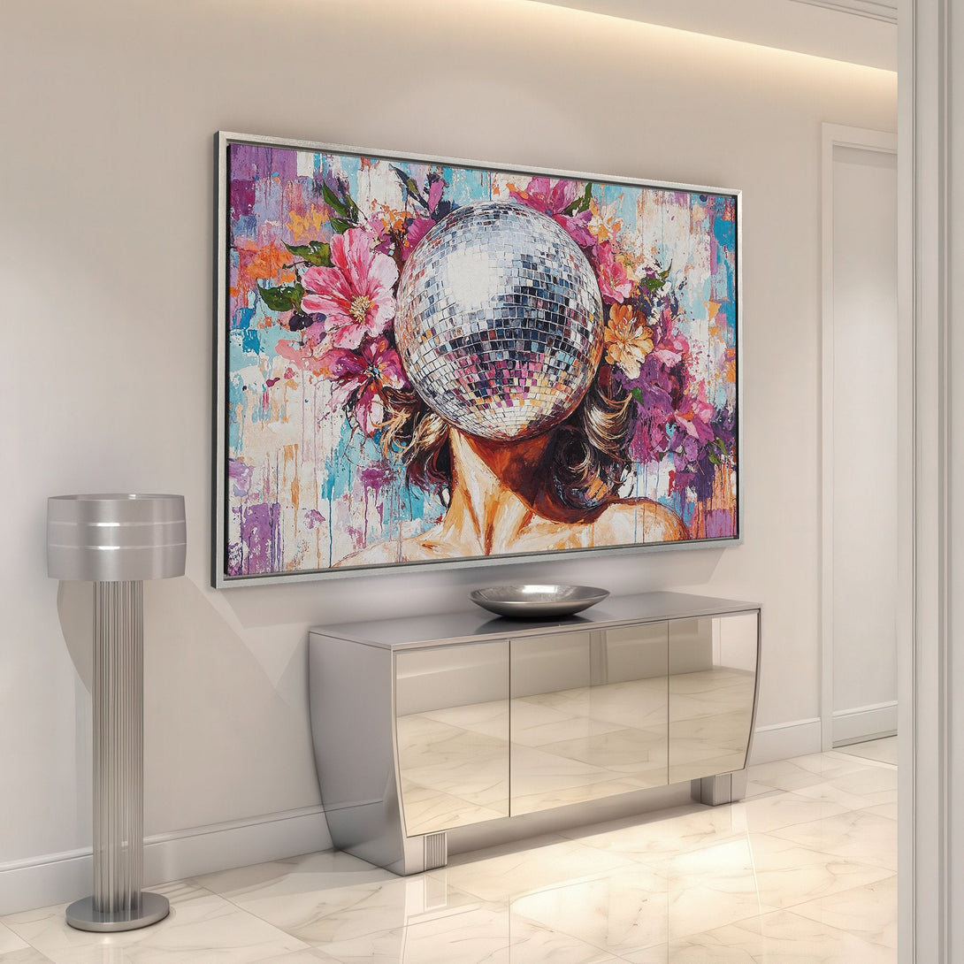 Framed Wall Art: Abstract portrait with disco ball head and floral crown, vibrant pink, purple, and blue palette. Modern art for home decor.