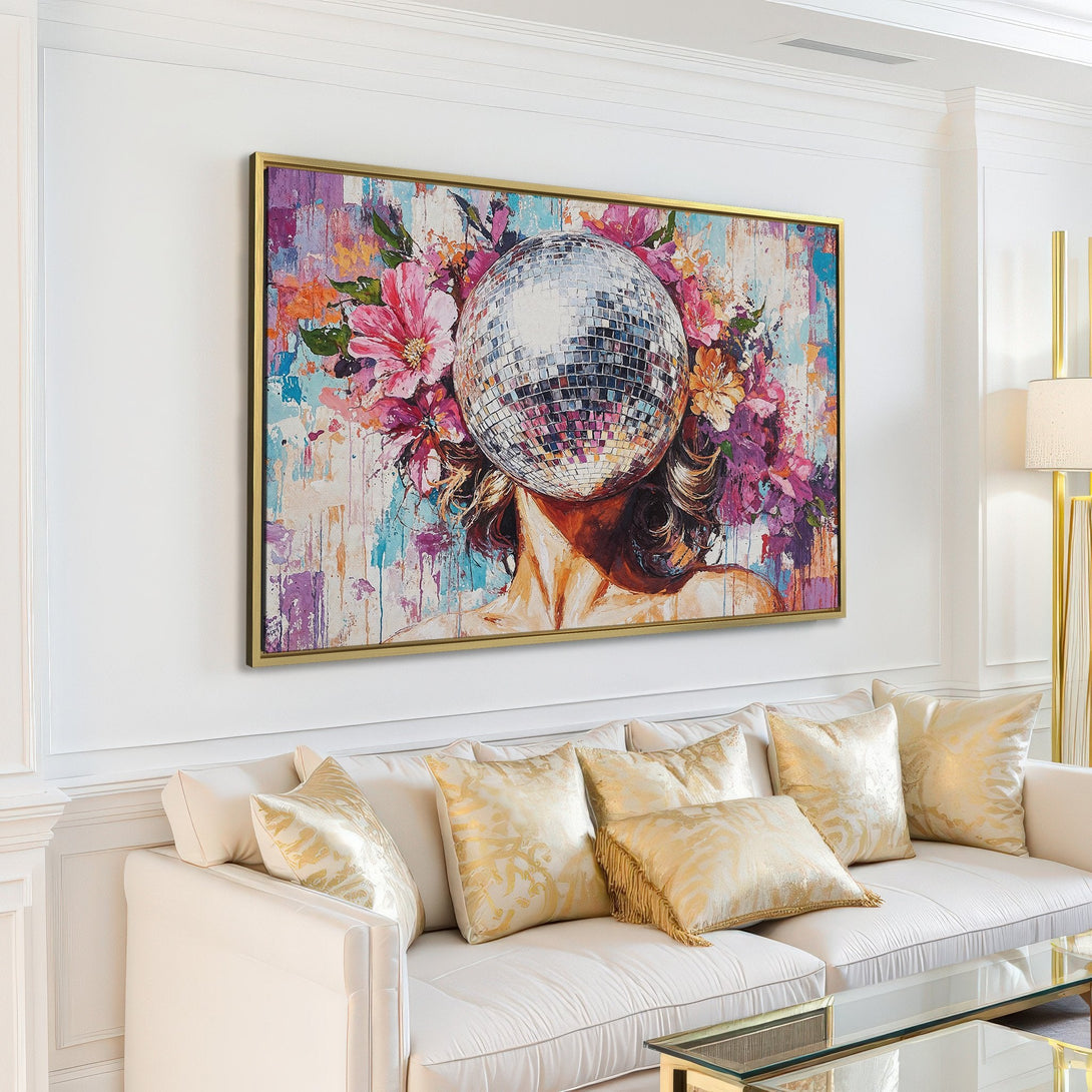 Canvas Print: Abstract art of woman with disco ball head, floral accents, and a vibrant, colorful palette. Modern wall decor for your home.