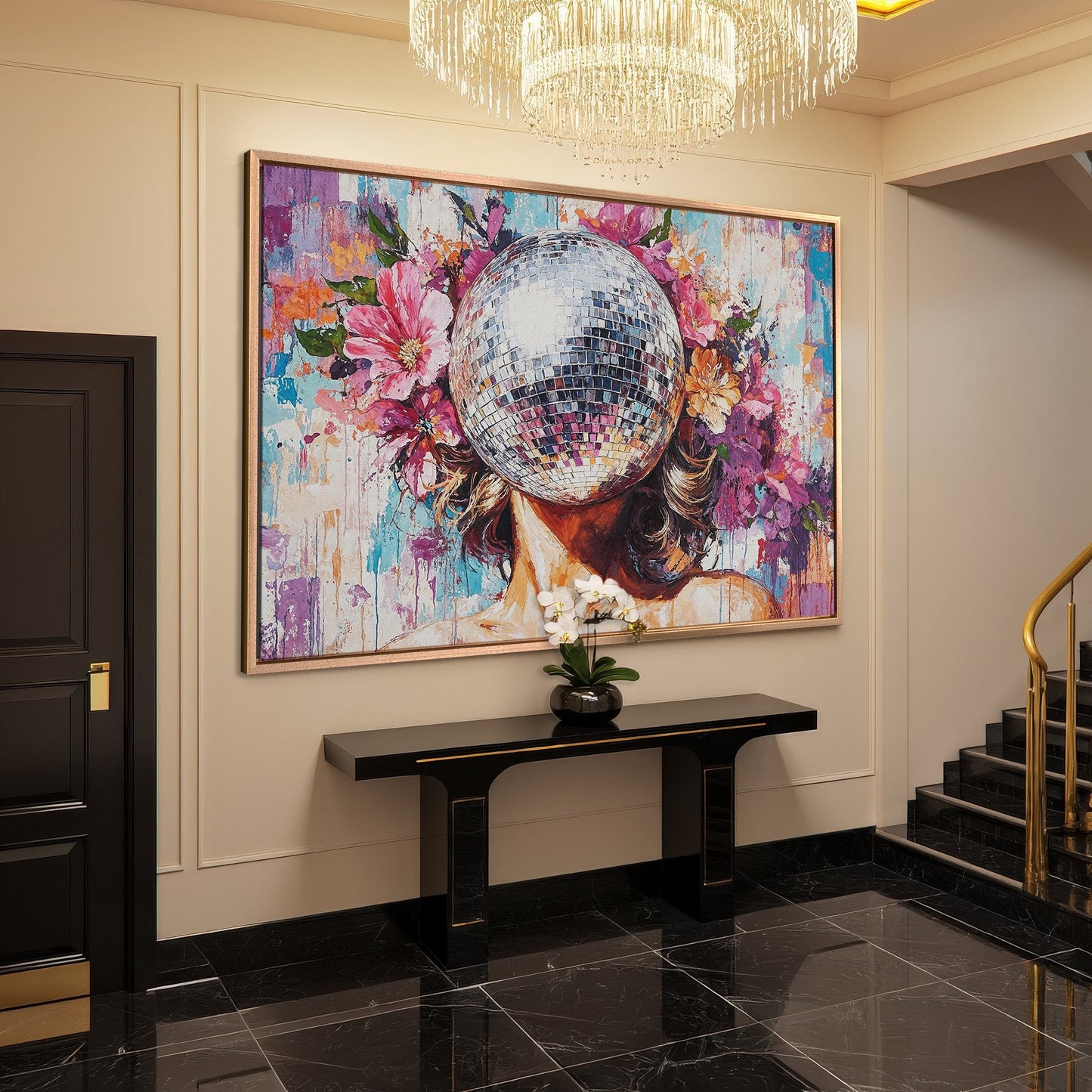 Floral Disco Ball Art Canvas Print for Vibrant Decor