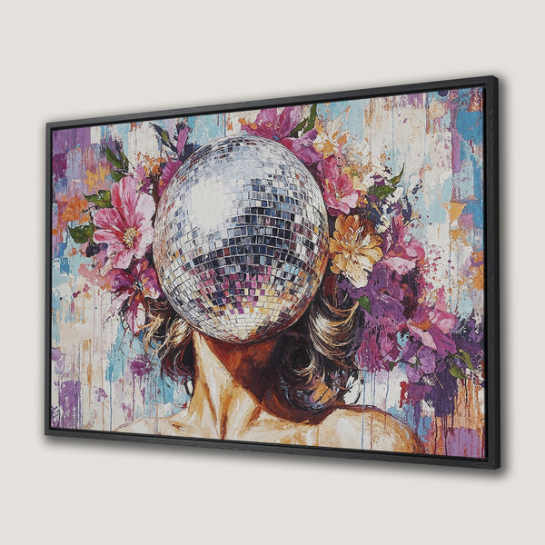 Framed Wall Art: Abstract portrait with disco ball head, vibrant floral crown, and colorful palette. Add a touch of art to your space!