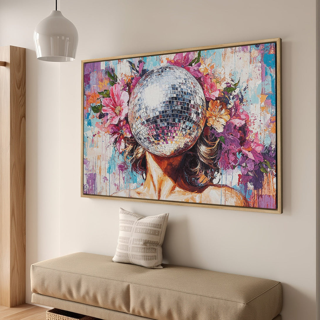 Framed Wall Art: Abstract portrait with disco ball head & floral crown. Vibrant colors in a modern interior. Add a pop of art to your space!