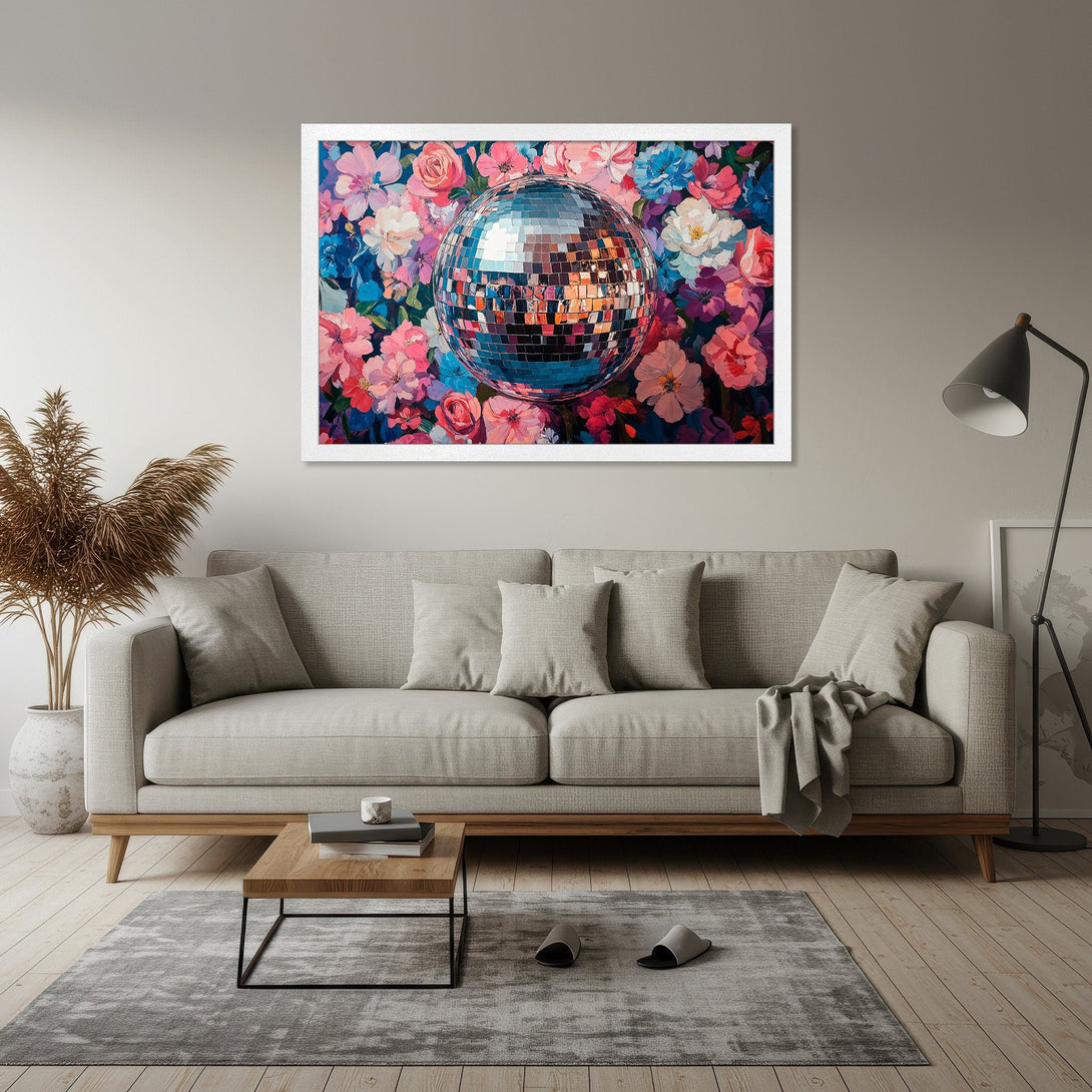 Framed Poster featuring a disco ball against a floral background. Vibrant pink, blue, and white color palette. Perfect wall art for any space!