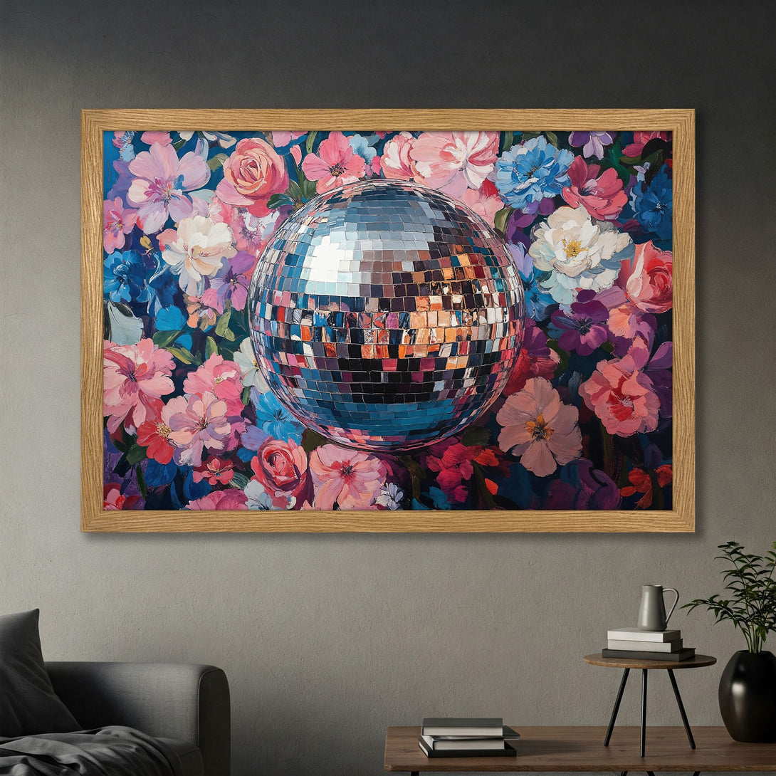 Framed Poster featuring a disco ball amidst vibrant floral art. Modern style, rich blues, pinks, and purples. Perfect wall decor!
