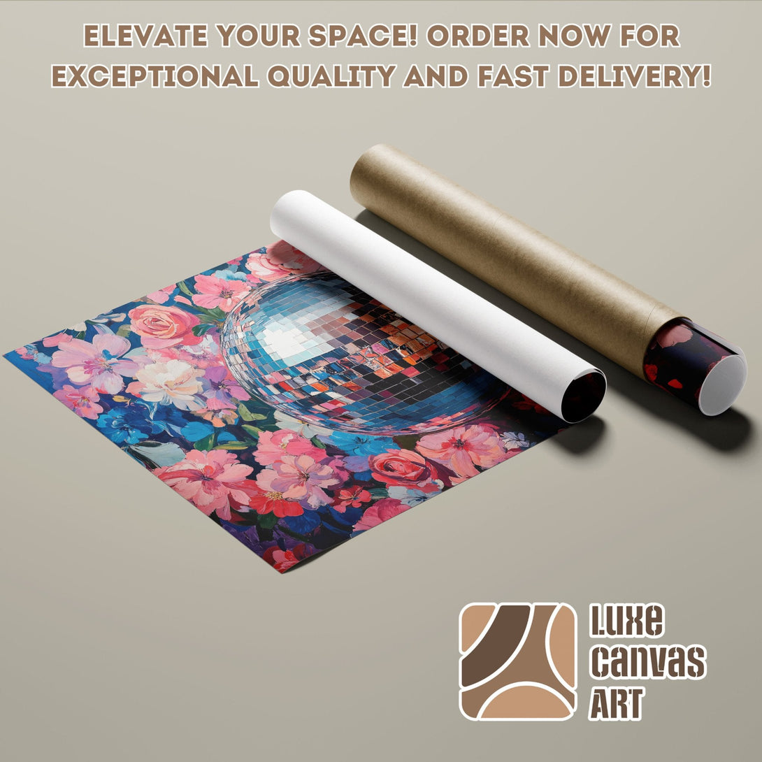 Disco ball and floral Poster Roll art print, vibrant pinks, blues, and browns. Elevate your space!
