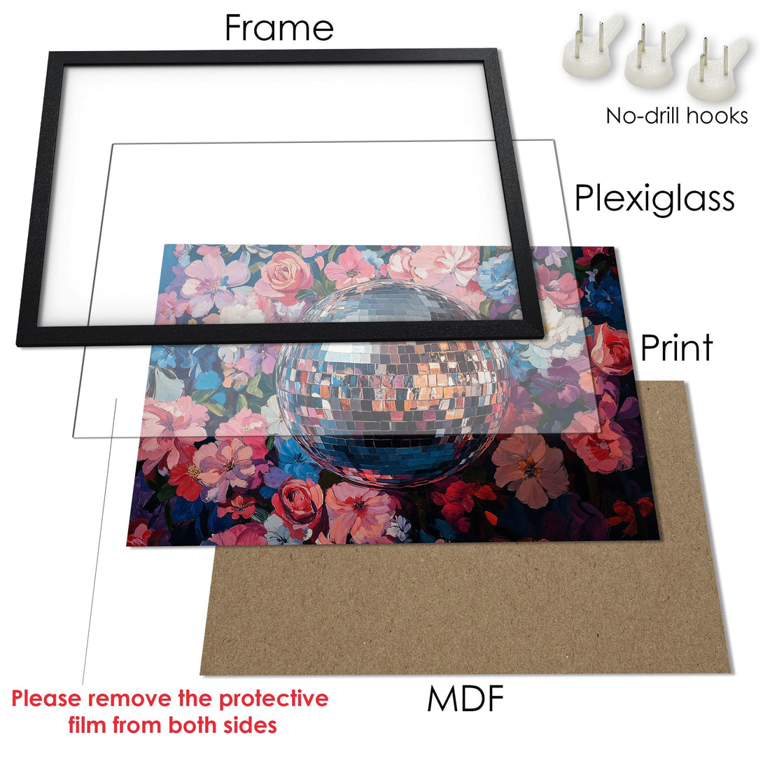 Framed Poster featuring a disco ball and floral art in a vibrant, colorful palette. Perfect wall decor!