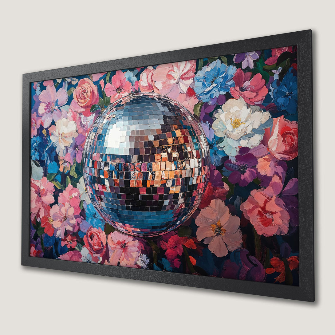Framed Poster featuring a disco ball and floral design. Vibrant colors and artistic style, perfect wall art.