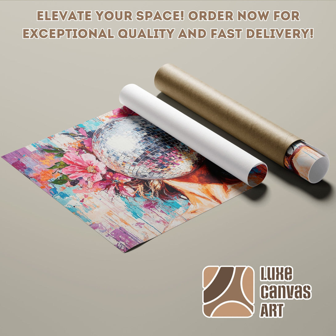Abstract floral Poster Roll with disco ball, vibrant colors. Elevate your space with Luxe Canvas Art!