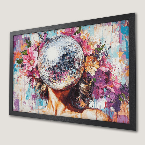 Framed Poster featuring a woman with a disco ball head, vibrant floral art, and a colorful palette. Perfect wall decor!