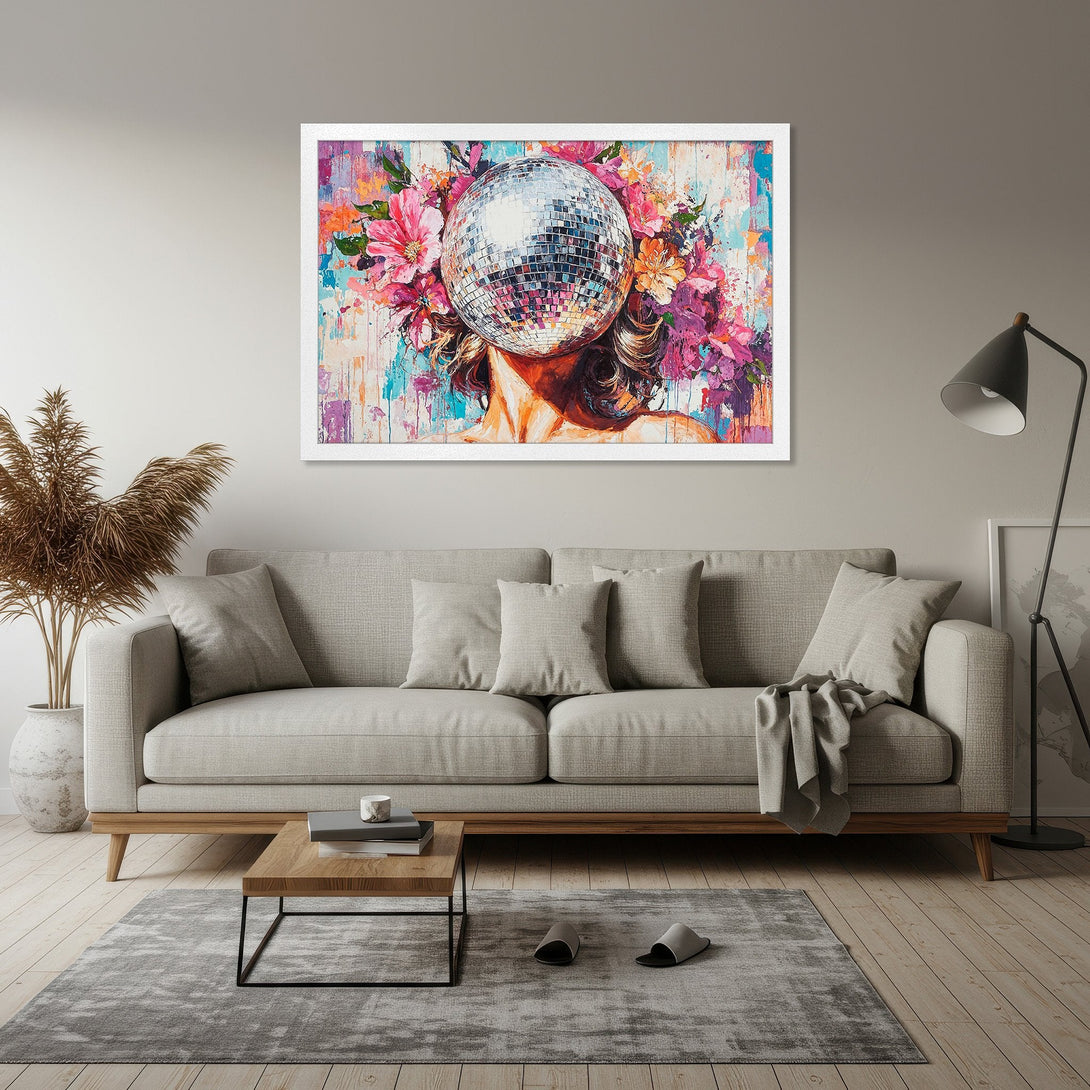 Framed Poster featuring a woman with a disco ball head, vibrant floral art style, and a colorful palette. Perfect wall decor!