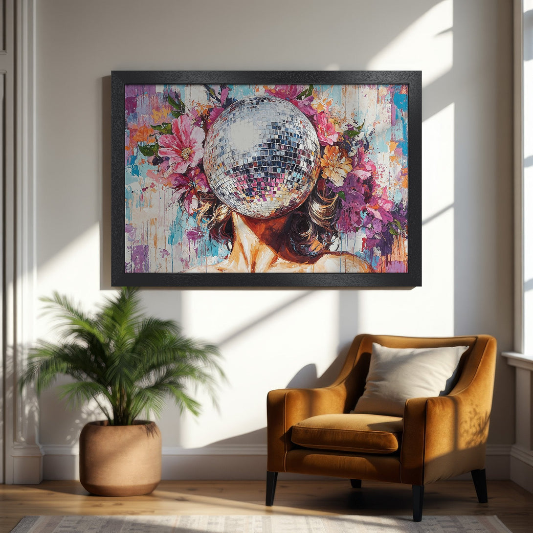 Framed Poster featuring a woman with a disco ball head and floral accents, in an abstract style with a vibrant, colorful palette.