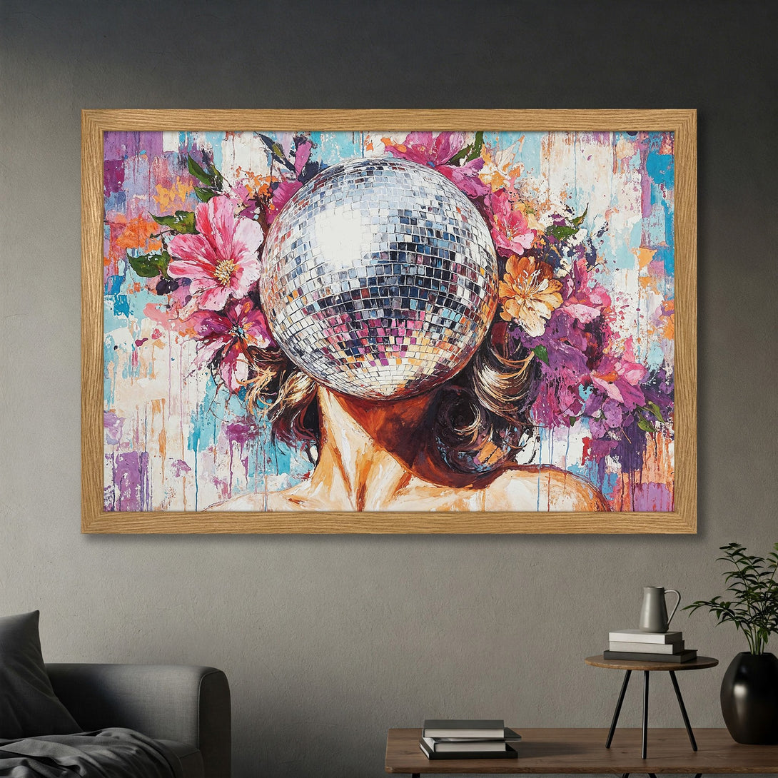 Framed Poster featuring a disco ball head with floral accents, vibrant abstract art, and a colorful palette. Perfect wall decor!