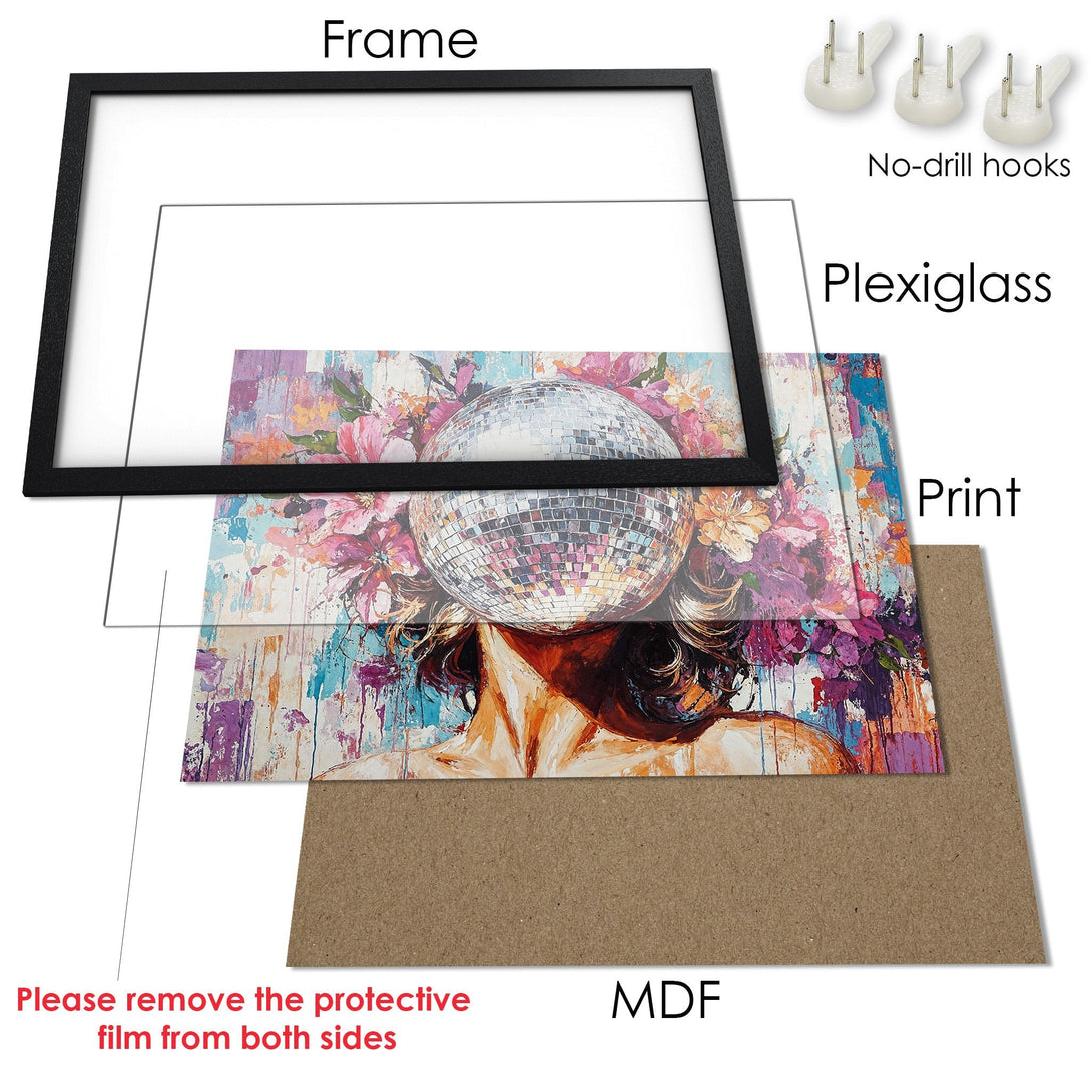 Framed Poster featuring a woman with a disco ball head, vibrant floral and abstract art style, colorful palette. Ready to hang!