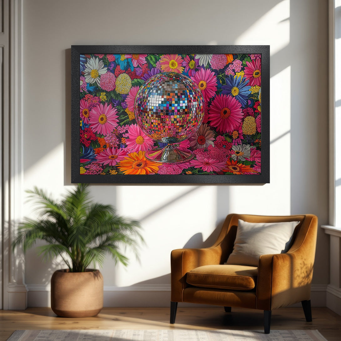 Framed Poster featuring a disco ball amidst colorful flowers, vibrant and bold, with a rich, multi-hued palette.